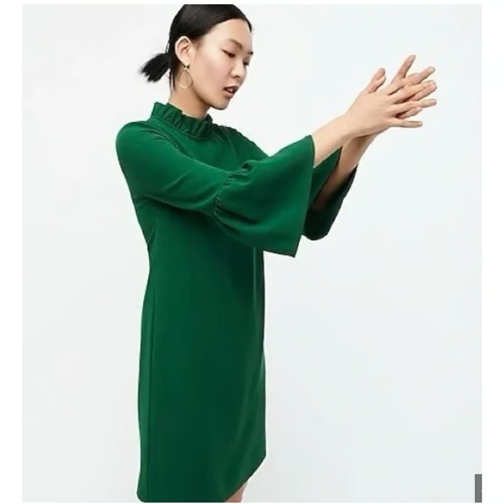 J.Crew Dress Green Crepe Ruffle Neck Bell Sleeve Shift Cocktail - Picture 3 of 14